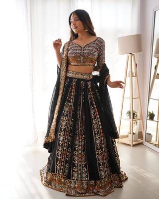 Black Georgette Mirror Work Embroidered Lehenga Choli Set 2