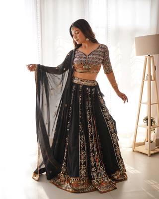 Black Georgette Mirror Work Embroidered Lehenga Choli Set 3