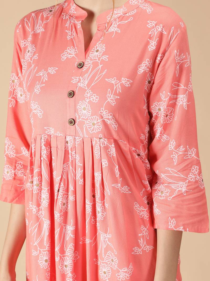 Rayon Floral Foil Printed Anarkali Women Kurti (Peach)