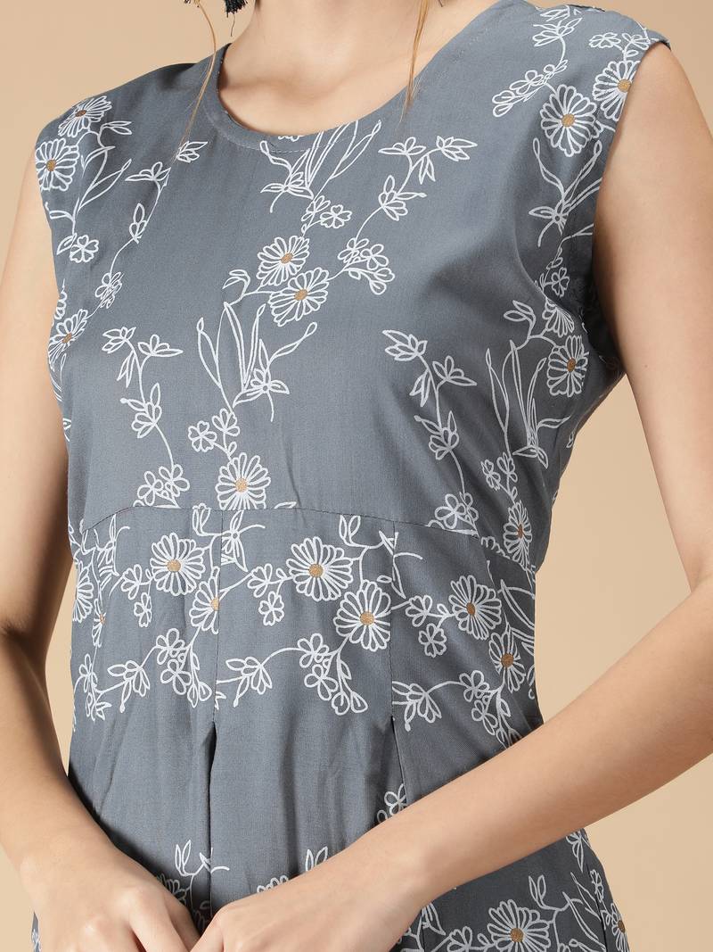Rayon Anarkali Floral Foil Printed Designer Women Kurti (Grey)
