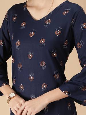 Rayon Printed Bell Flared Sleeves Straight Women Kurti (Navy Blue) 6