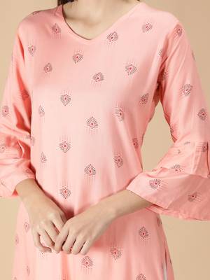 Rayon Printed Bell Flared Sleeves Straight Women Kurti (Peach) 6
