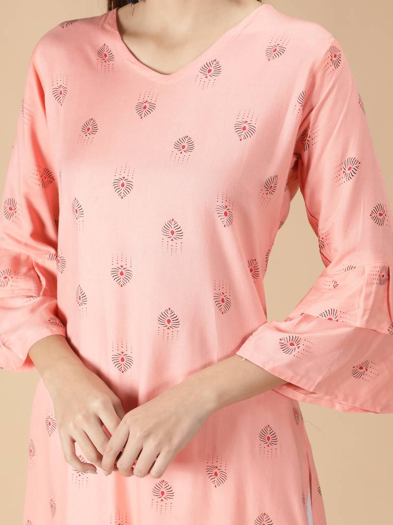 Rayon Printed Bell Flared Sleeves Straight Women Kurti (Peach)