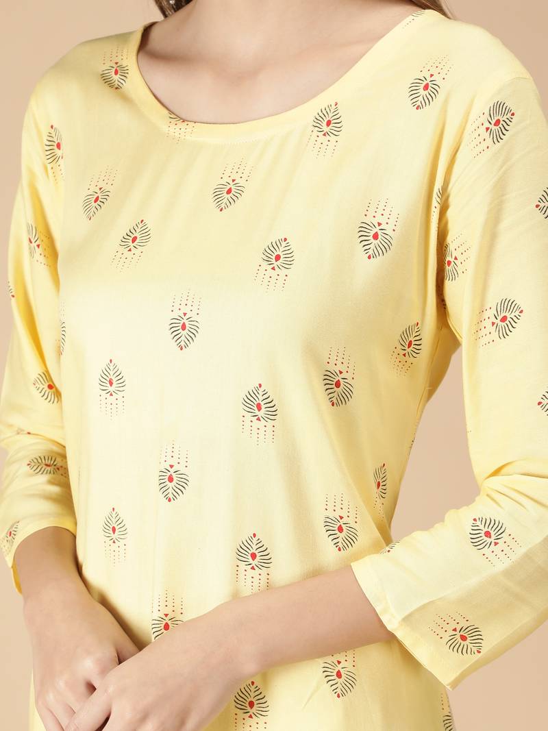 Rayon Printed Straight Ladies Kurti (Yellow)