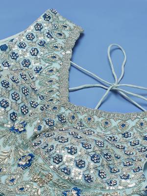 Turquoise Blue Net Sequinse Embroidered Semi-Stitched Lehenga & Blouse with Dupatta 6