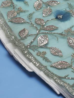 Turquoise Blue Net Sequinse Embroidered Semi-Stitched Lehenga & Blouse with Dupatta 7