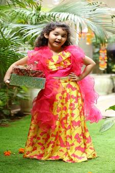 Pink & yellow chiffon lehenga with ruffle duppata
