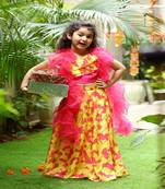Pink & yellow chiffon lehenga with ruffle duppata
