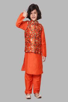 Orange Silk Nehru Jacket Kurta Set