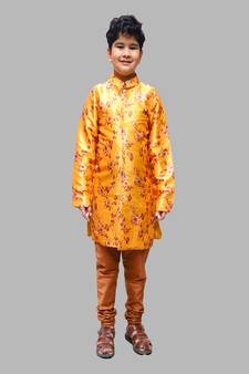 Mustard Yellow-Brown floral print sherwani