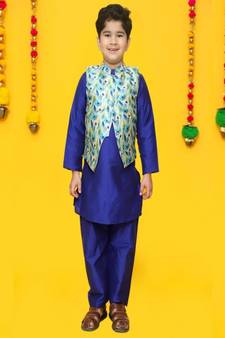 Peacock Blue Kurta with Printed Nehru Jacket