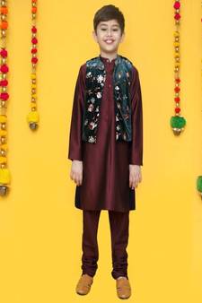 Bottle Green Velvet print Nehru Jacket and brown Kurta Set