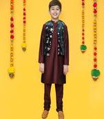 Bottle Green Velvet print Nehru Jacket and brown Kurta Set