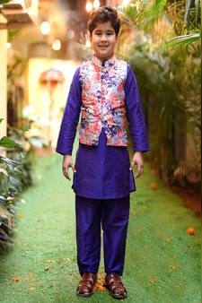 Peacock Blue Kurta with a floral print Nehru Jacket