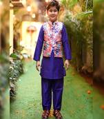 Peacock Blue Kurta with a floral print Nehru Jacket