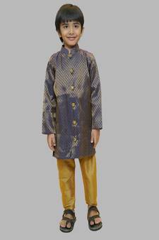 Blue Brocade Kurta with Golden Pajama