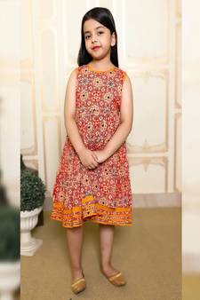 Ajrak Print Frock with Mustard border & belt