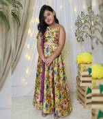 Floral Print One shoulder Lehenga Choli Set with Net Dupatta