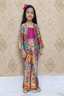 Pink top with multicolor jacket and pant set