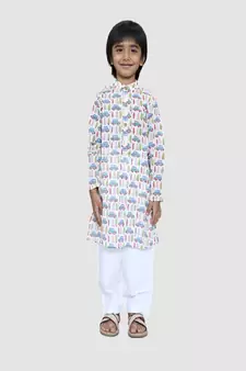 White Cotton Kurta Pajama set With Car Print