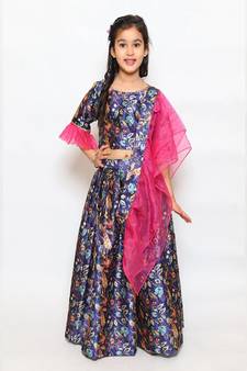Blue Peacock print Lehenga Choli Set with an layered Organza dupatta