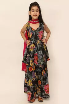 Black Floral Print Cotton Kurta With Sharara and a hot pink dupatta