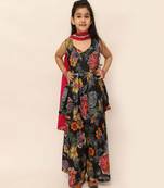 Black Floral Print Cotton Kurta With Sharara and a hot pink dupatta