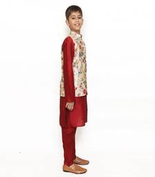 Off White Floral Print print Silk Nehru Jacket and Maroon Kurta Set