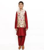 Off White Floral Print print Silk Nehru Jacket and Maroon Kurta Set