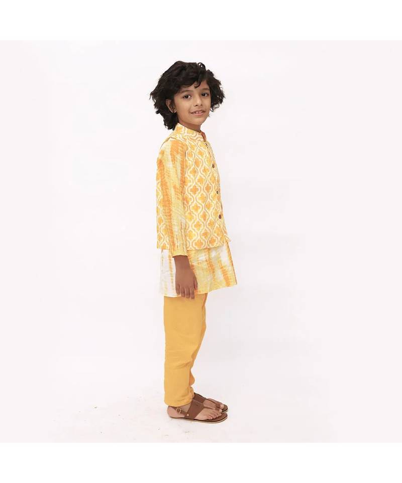 Yellow Tie-dye Cotton Kurta pajama with Nehru Jacket