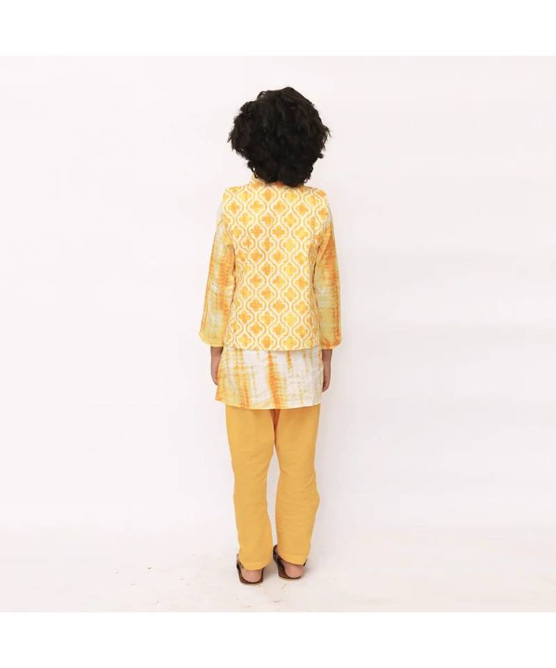 Yellow Tie-dye Cotton Kurta pajama with Nehru Jacket