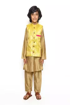 SIlk Yellow and golden Kurta Pajama And Nehru Jacket Set