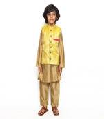 SIlk Yellow and golden Kurta Pajama And Nehru Jacket Set