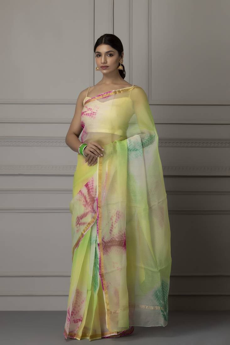 Geroo Jaipur Lime Green & Pink Tie and Dye Pure Silk Kota Saree
