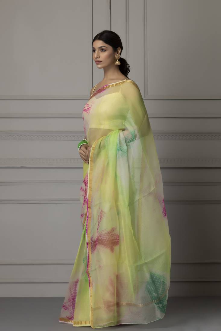 Geroo Jaipur Lime Green & Pink Tie and Dye Pure Silk Kota Saree