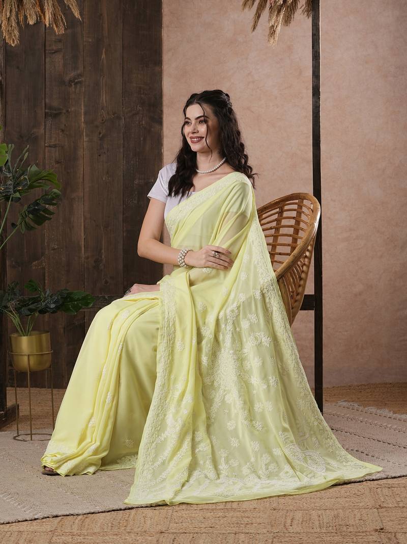 Hand Embroidered Lemon Faux Georgette Lucknow Chikankari Indian Women Saree With Blouse