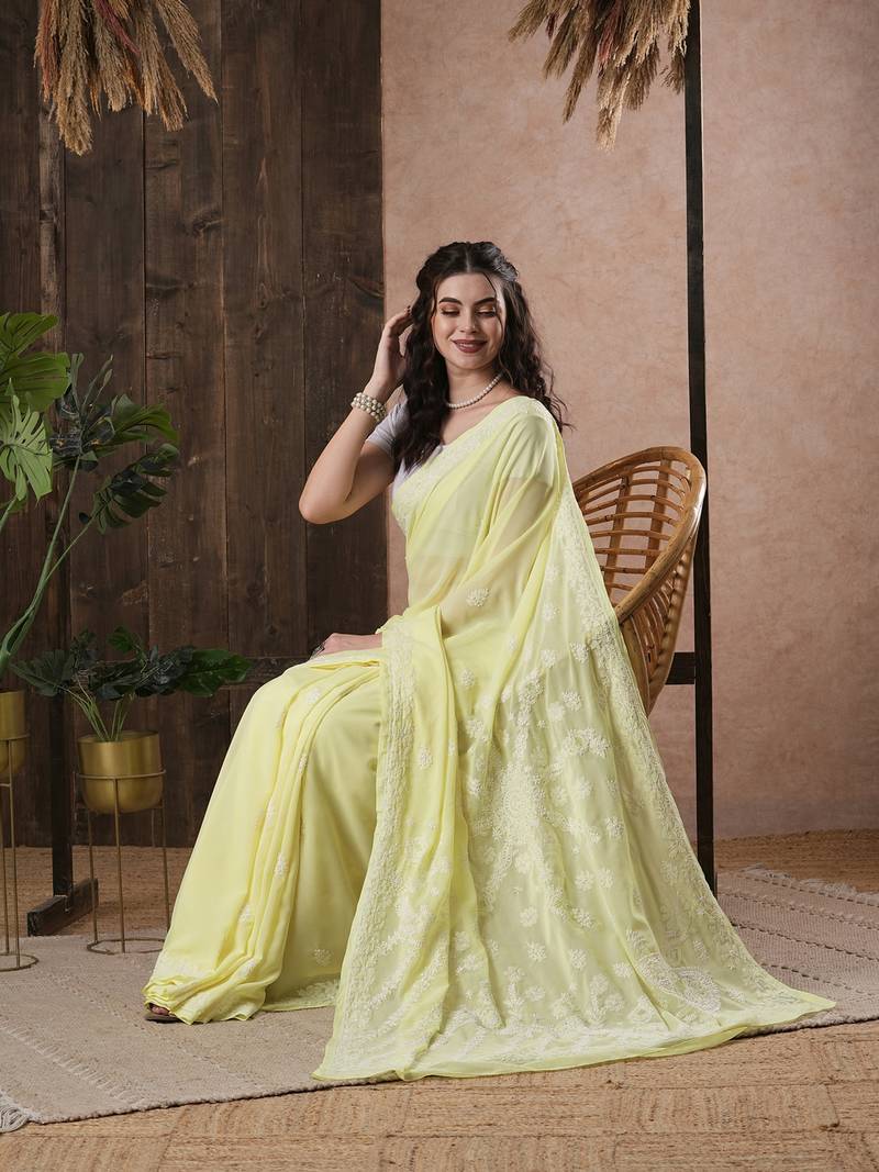 Hand Embroidered Lemon Faux Georgette Lucknow Chikankari Indian Women Saree With Blouse