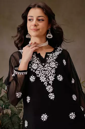 Hand Embroidered Black Georgette Lucknowi Chikankari Indian Women Straight Kurti With Slip