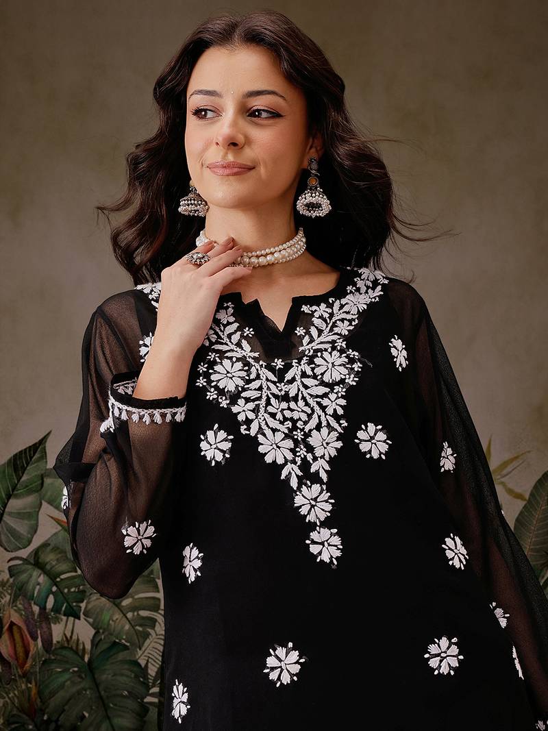 Hand Embroidered Black Georgette Lucknowi Chikankari Indian Women Straight Kurti With Slip