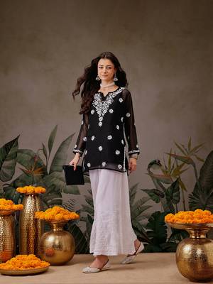Hand Embroidered Black Georgette Lucknowi Chikankari Indian Women Straight Kurti With Slip 5