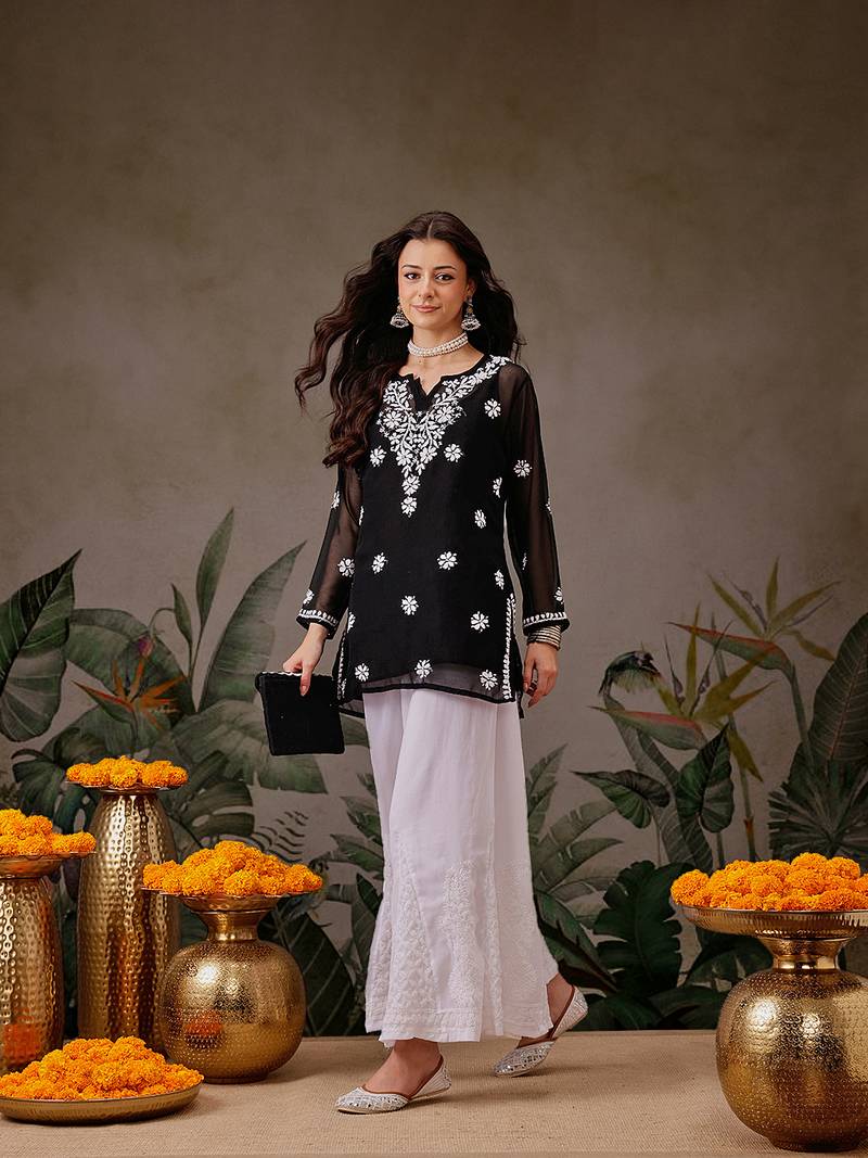 Hand Embroidered Black Georgette Lucknowi Chikankari Indian Women Straight Kurti With Slip