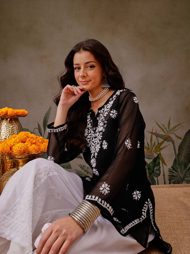 Hand Embroidered Black Georgette Lucknowi Chikankari Indian Women Straight Kurti With Slip