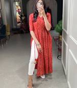 Women's Pure Cotton With Foil Printed Ankle Length Straight Naira Cut Kurti