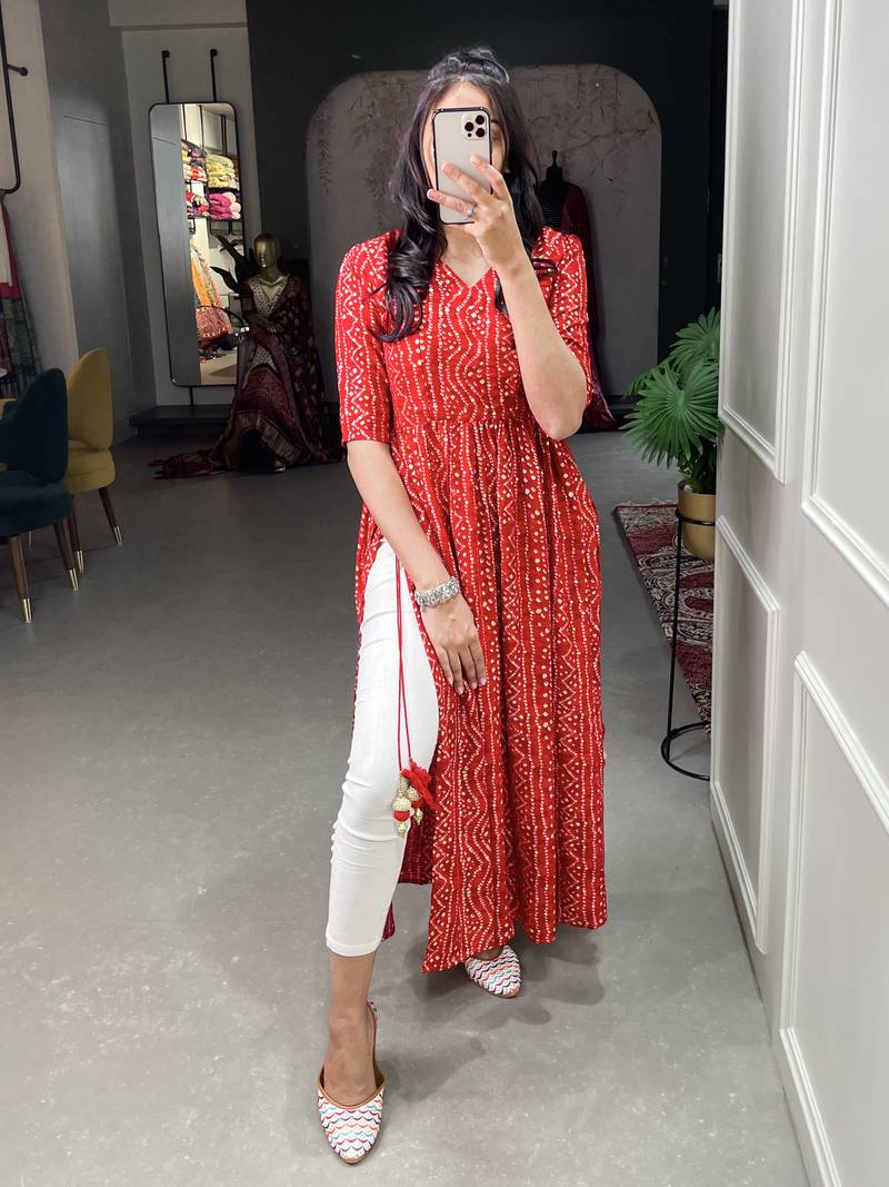 Women's Pure Cotton With Foil Printed Ankle Length Straight Naira Cut Kurti