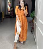 Women's Pure Cotton With Foil Printed Ankle Length Straight Naira Cut Kurti