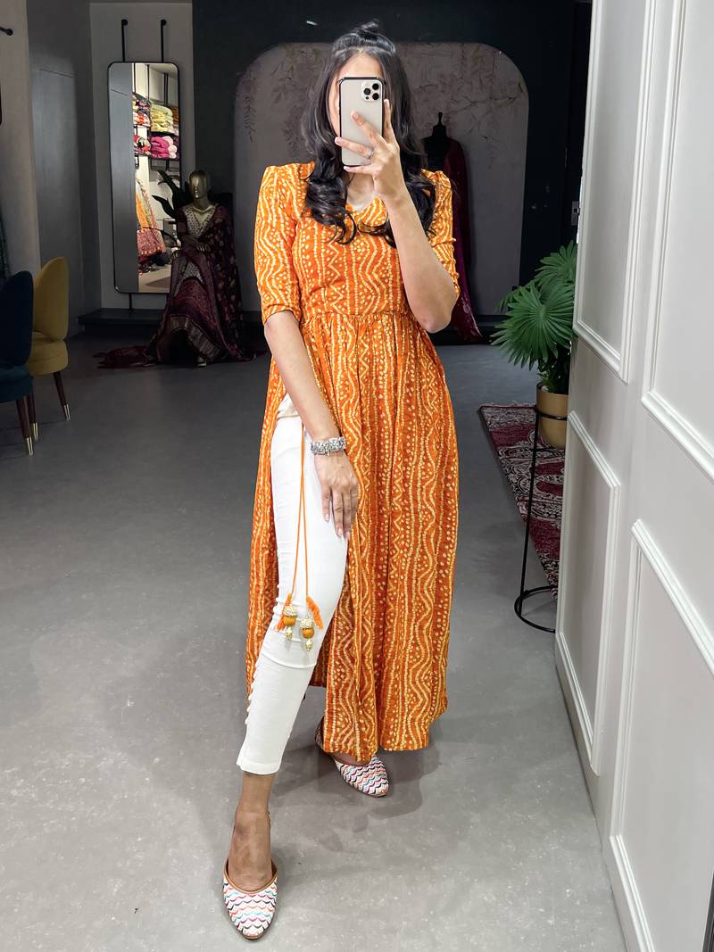 Women's Pure Cotton With Foil Printed Ankle Length Straight Naira Cut Kurti