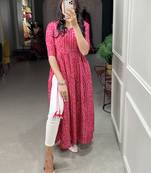 Women's Pure Cotton With Foil Printed Ankle Length Straight Naira Cut Kurti