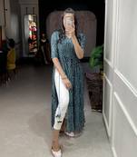 Women's Pure Cotton With Foil Printed Ankle Length Straight Naira Cut Kurti