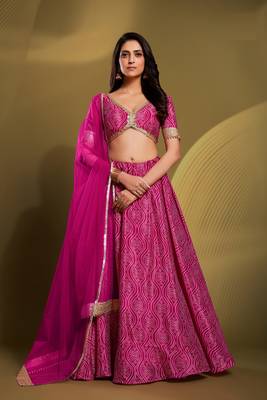 PINK PRINTED CRREPE FESTIVE BRIDAL WEDDING & PARTY WEAR SEMI STITCHED LEHENGA 1
