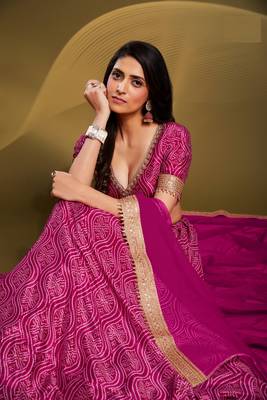 PINK PRINTED CRREPE FESTIVE BRIDAL WEDDING & PARTY WEAR SEMI STITCHED LEHENGA 2